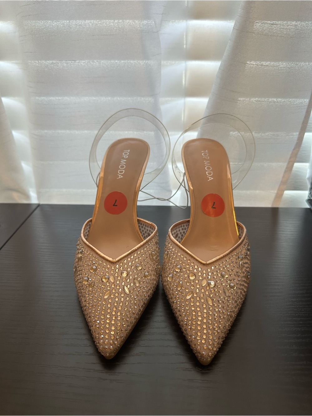 TOP Moda Crystal-Embellished Nude Pointed Mules with Clear Strap